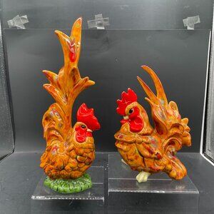 Pair of Arnel's Ceramic Roosters Vintage Orange Red Brown Fancy Hobby Chickens